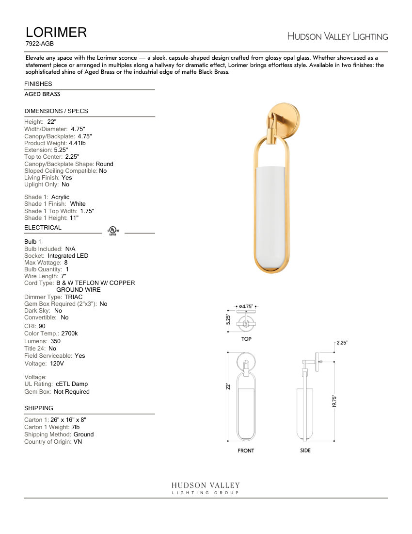 Hudson Valley Lighting 7922-AGB cut sheet — first page