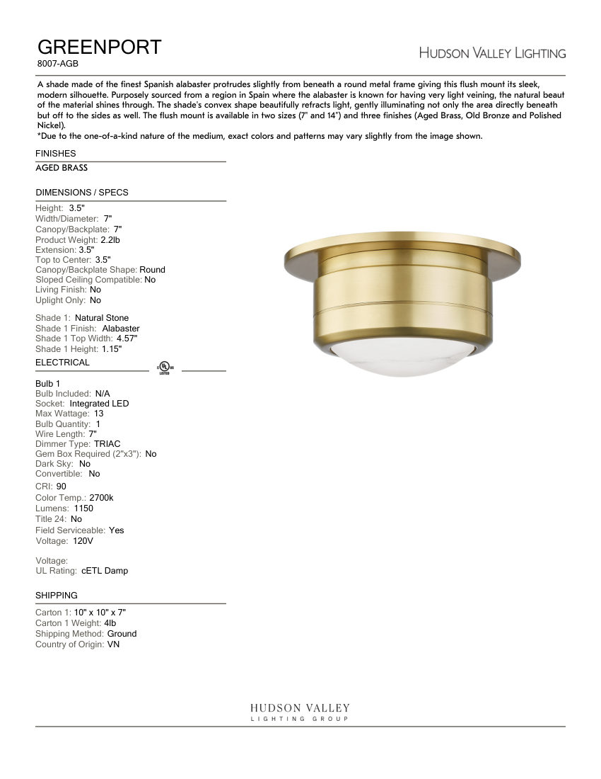 Hudson Valley Lighting 8007-AGB cut sheet — first page