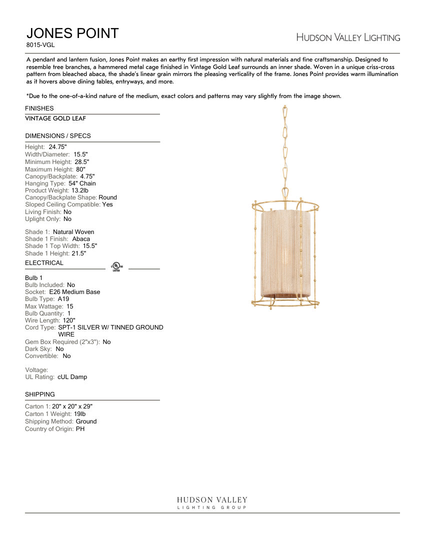 Hudson Valley Lighting 8015-VGL cut sheet — first page