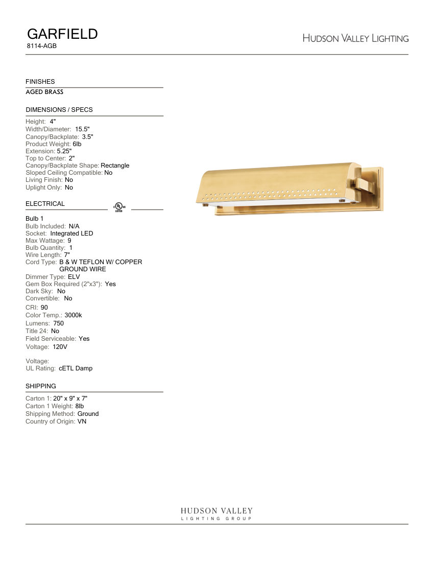 Hudson Valley Lighting 8114-AGB cut sheet — first page