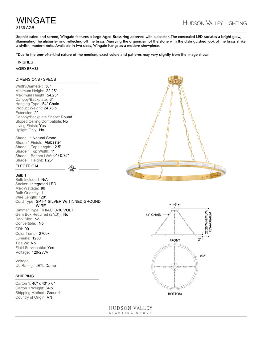 Hudson Valley Lighting 8136-AGB cut sheet — first page