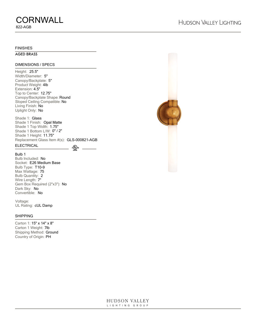 Hudson Valley Lighting 822-AGB cut sheet — first page