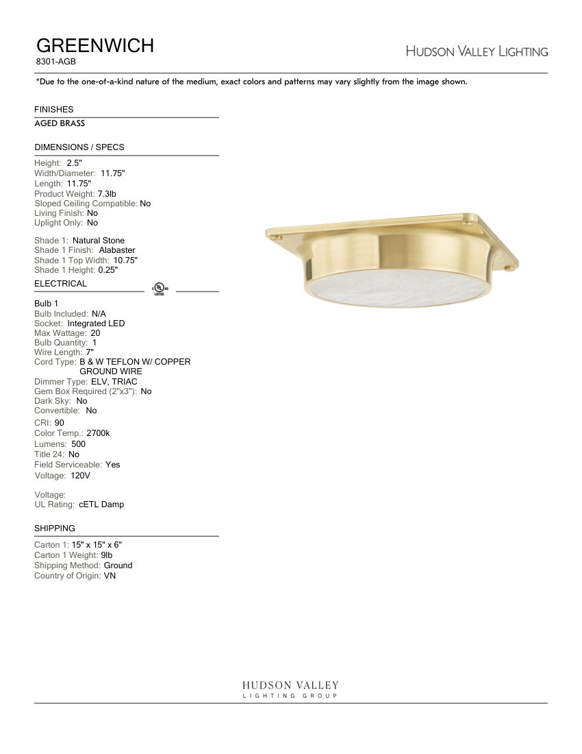 Hudson Valley Lighting 8301-AGB cut sheet — first page