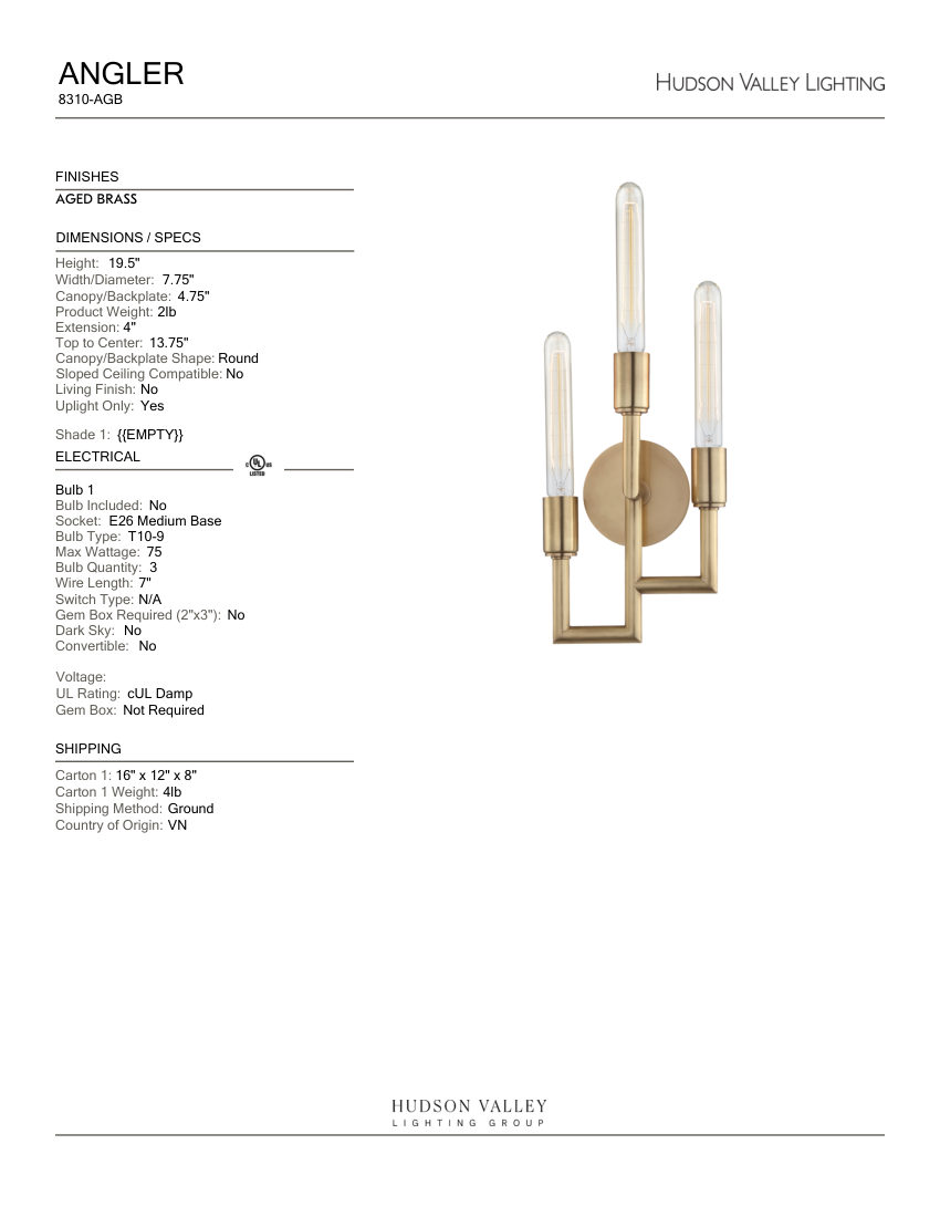Hudson Valley Lighting 8310-AGB cut sheet — first page