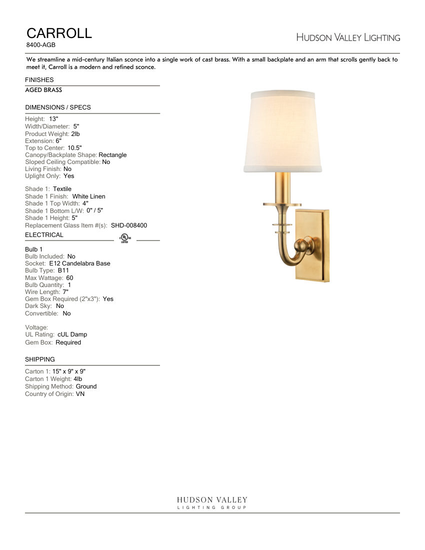 Hudson Valley Lighting 8400-AGB cut sheet — first page