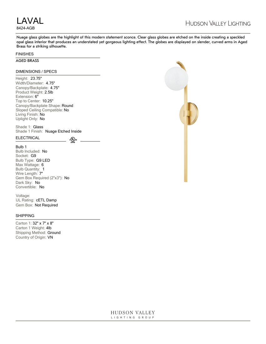 Hudson Valley Lighting 8424-AGB cut sheet — first page