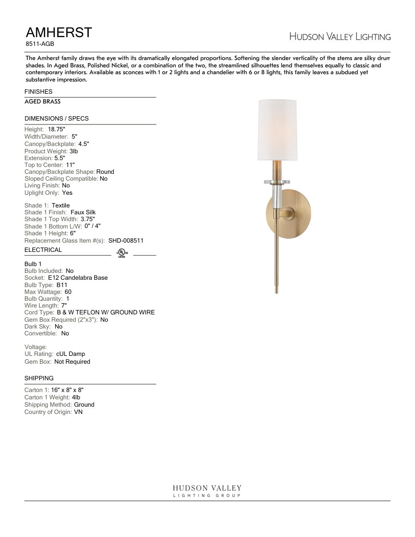 Hudson Valley Lighting 8511-AGB cut sheet — first page