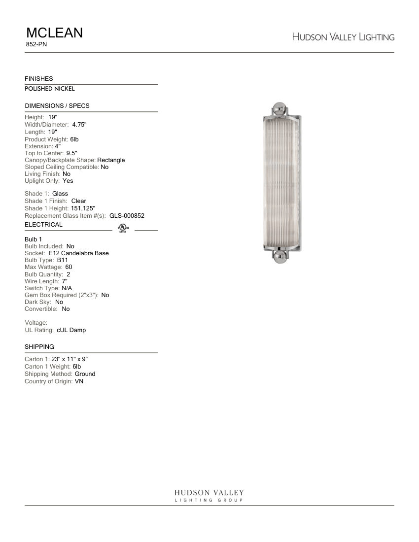 Hudson Valley Lighting 852-PN cut sheet — first page