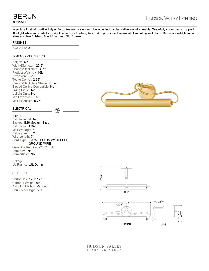 Hudson Valley Lighting 8622-AGB cut sheet — first page