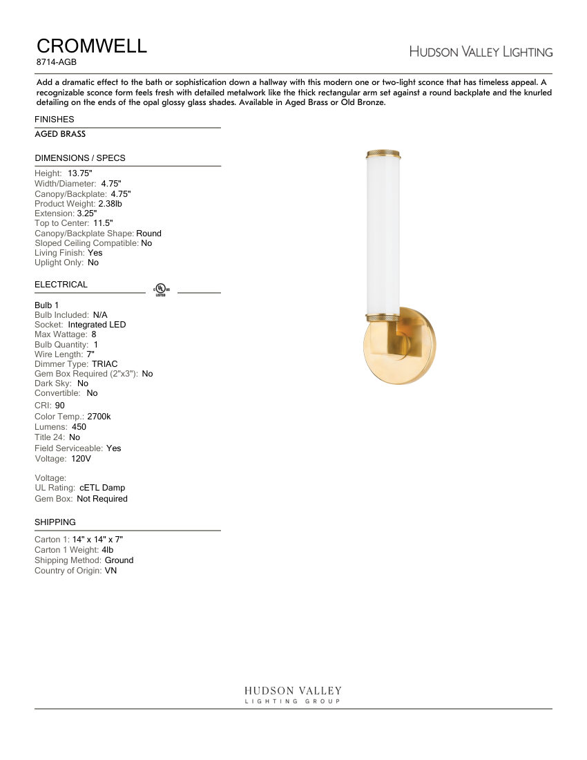 Hudson Valley Lighting 8714-AGB cut sheet — first page