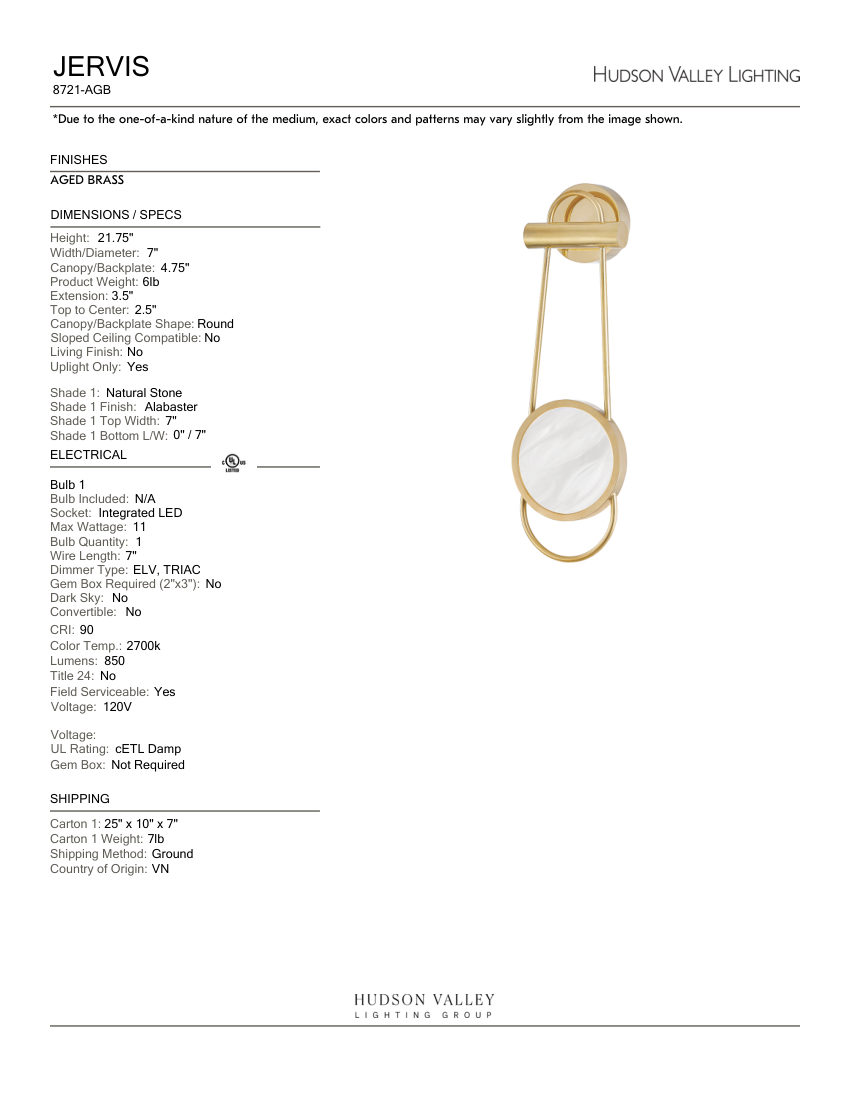 Hudson Valley Lighting 8721-AGB cut sheet — first page