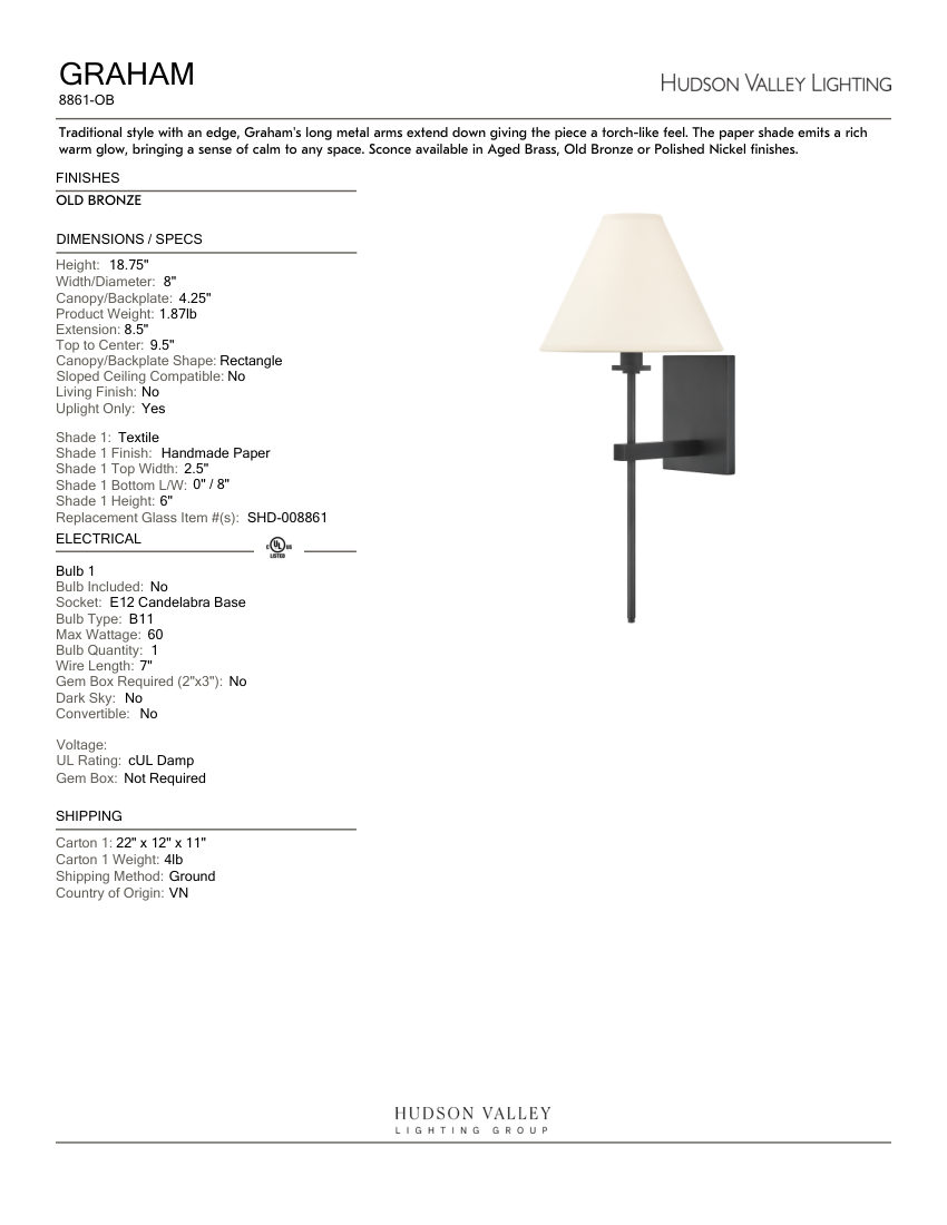 Hudson Valley Lighting 8861-OB cut sheet — first page