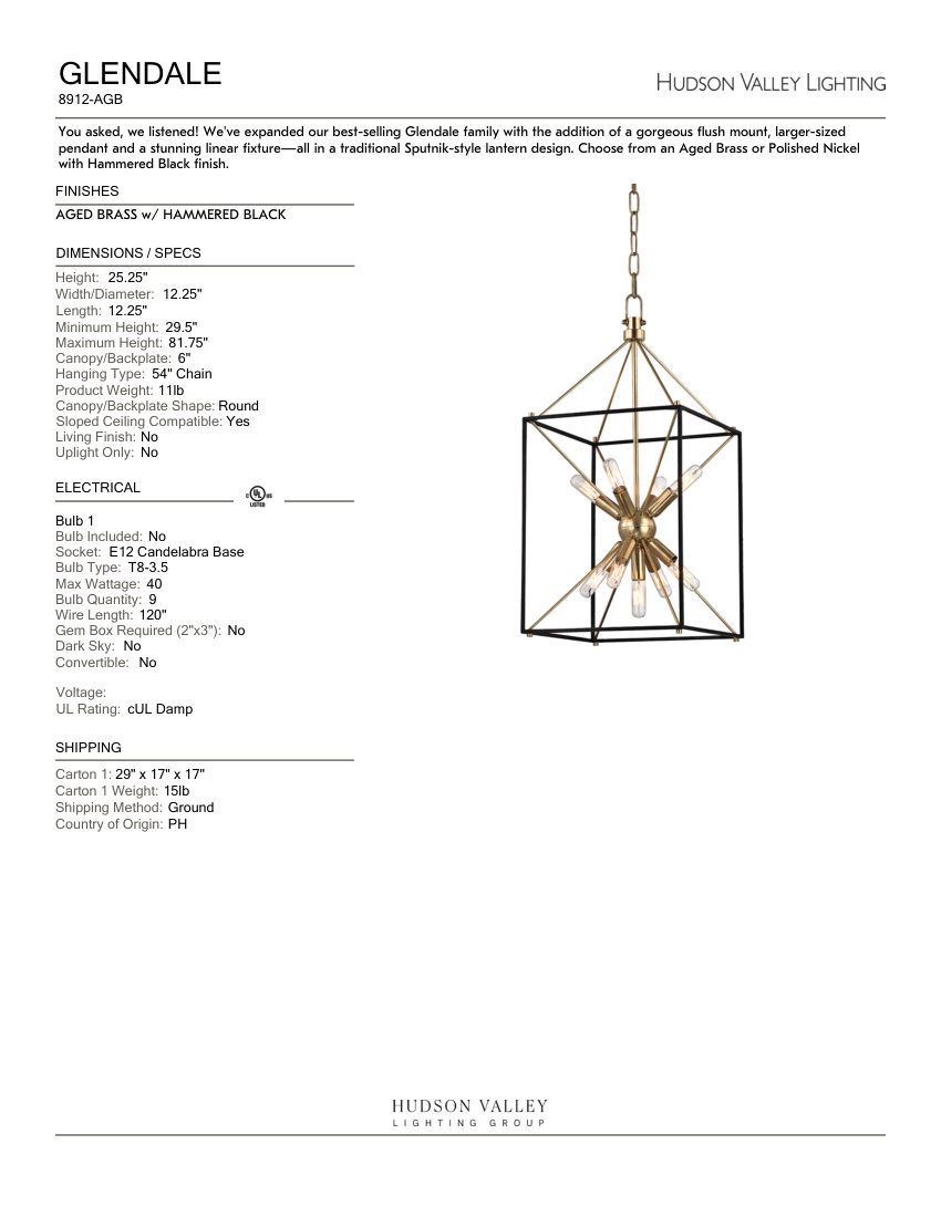 Hudson Valley Lighting 8912-AGB cut sheet — first page