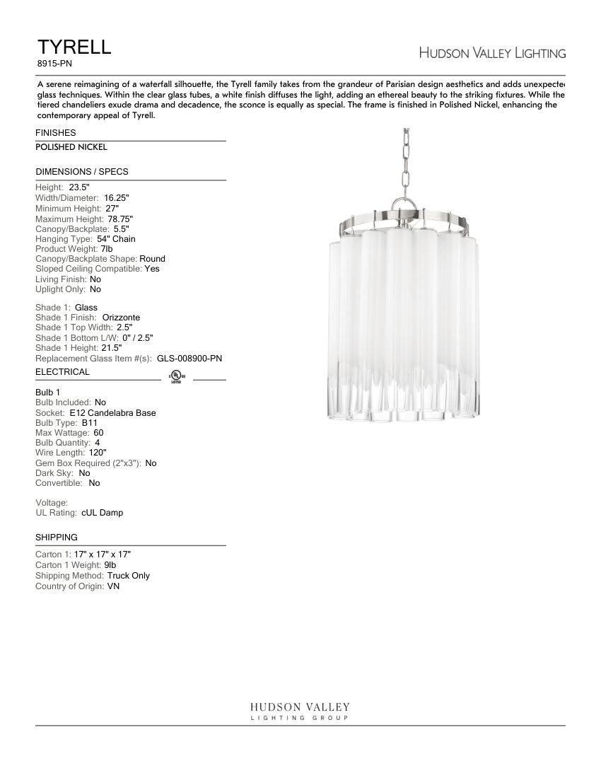Hudson Valley Lighting 8915-PN cut sheet — first page