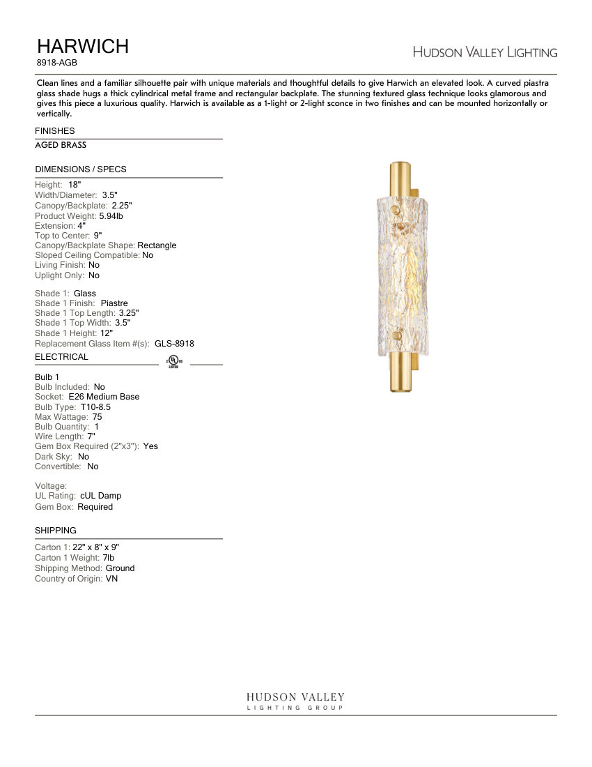 Hudson Valley Lighting 8918-AGB cut sheet — first page