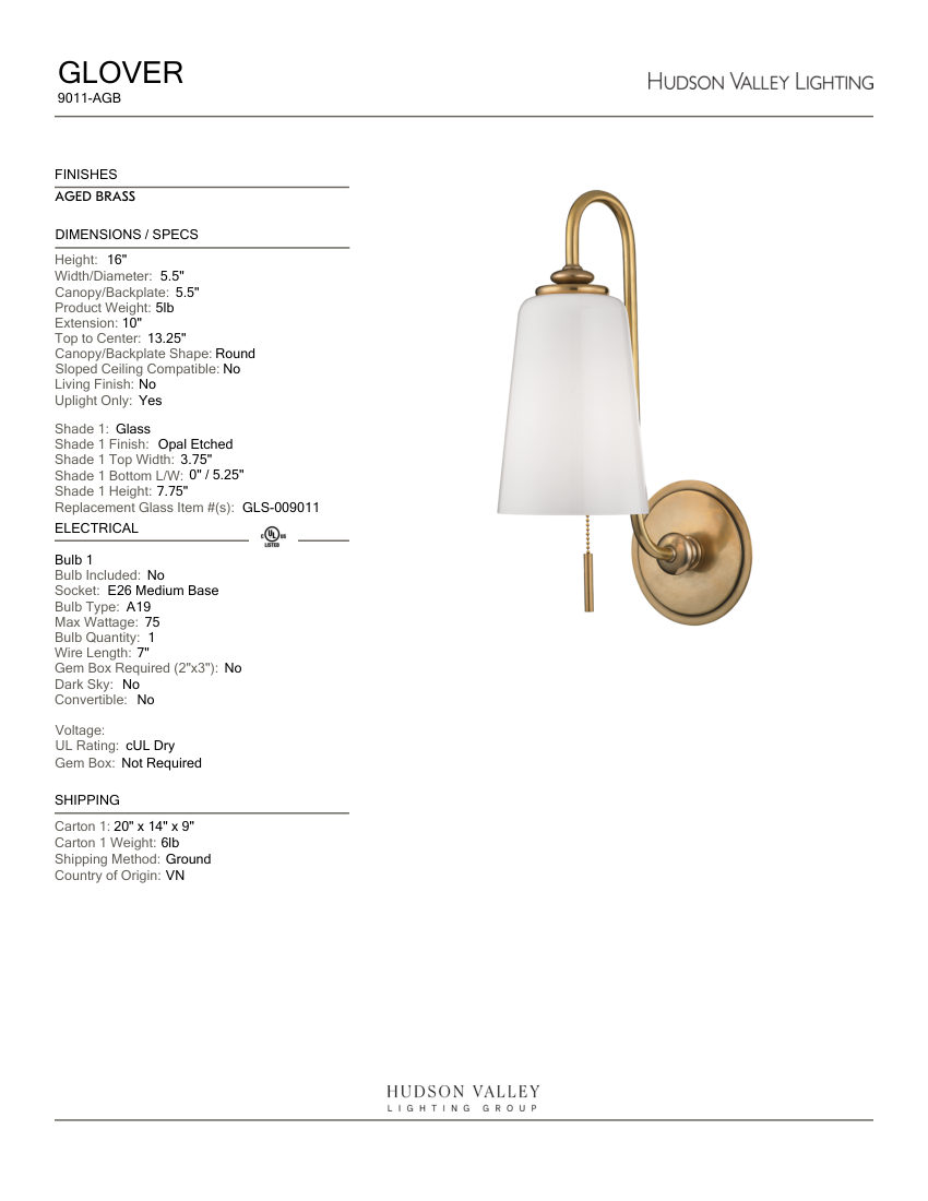 Hudson Valley Lighting 9011-AGB cut sheet — first page