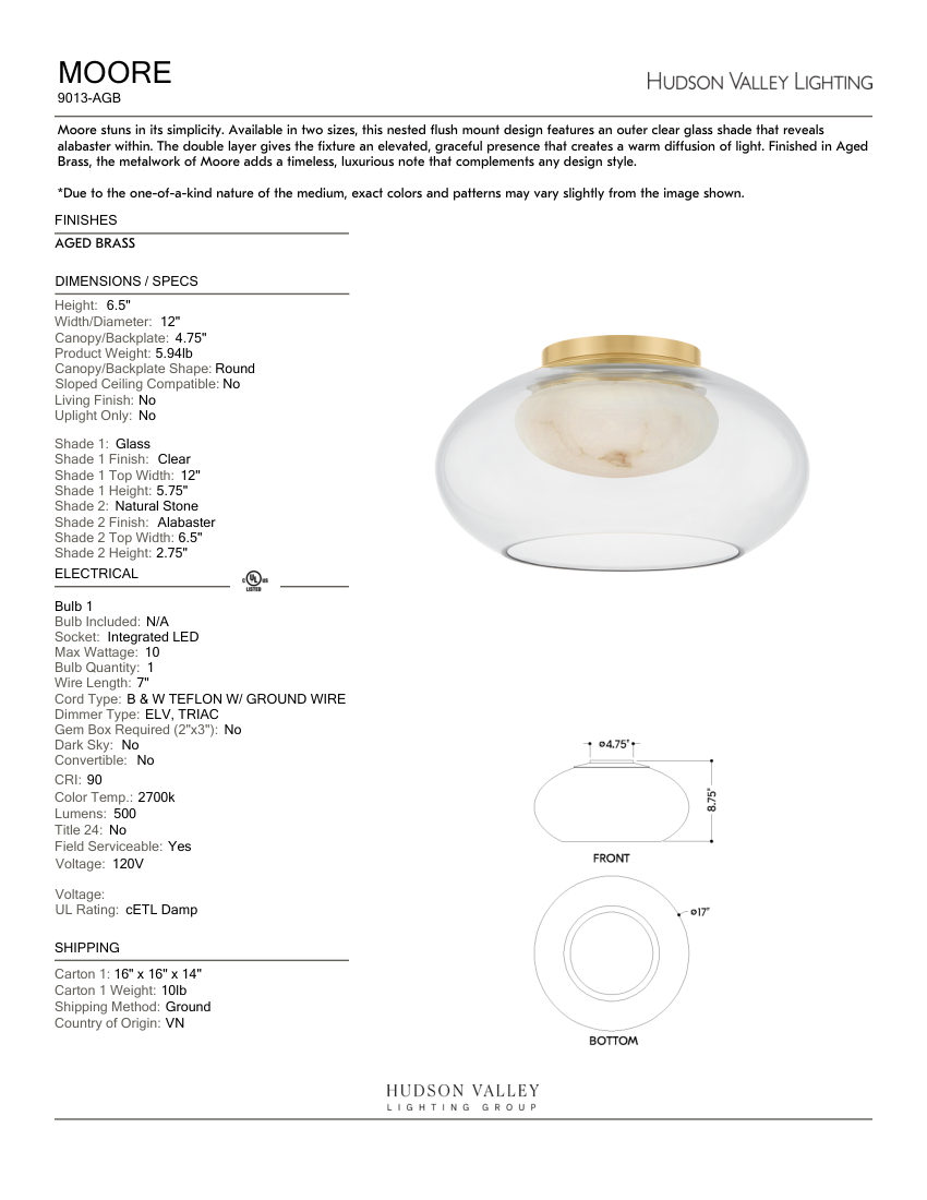 Hudson Valley Lighting 9013-AGB cut sheet — first page
