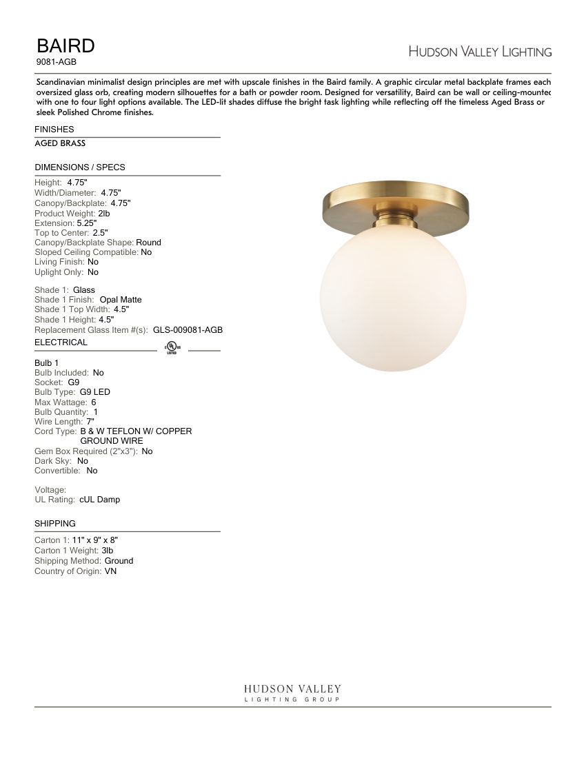 Hudson Valley Lighting 9081-AGB cut sheet — first page
