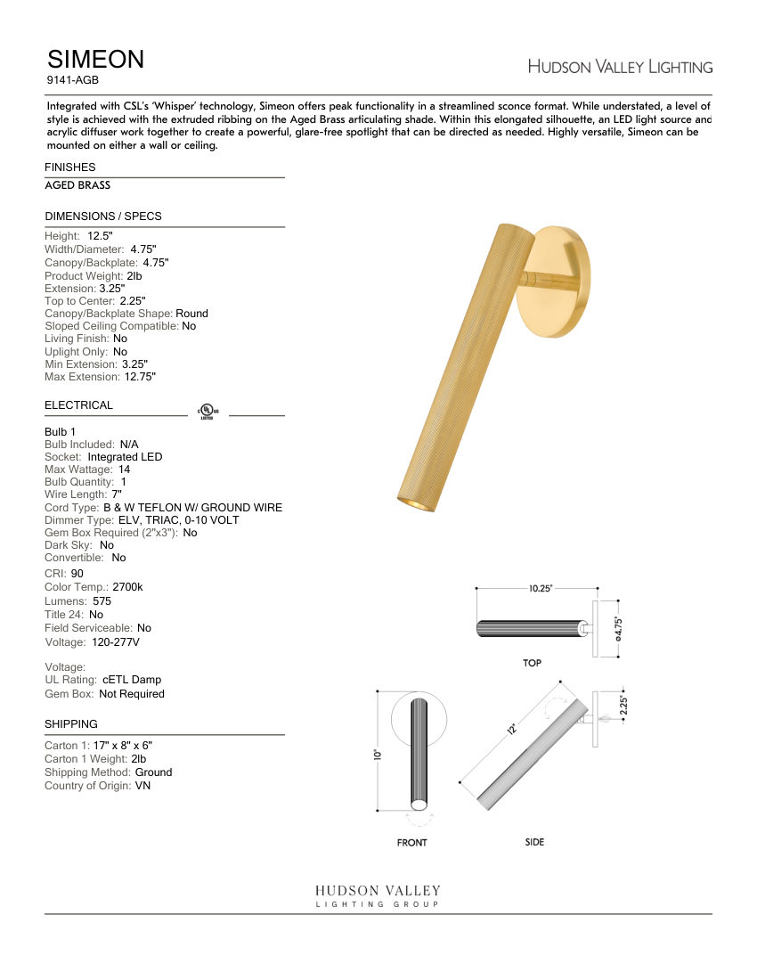 Hudson Valley Lighting 9141-AGB cut sheet — first page