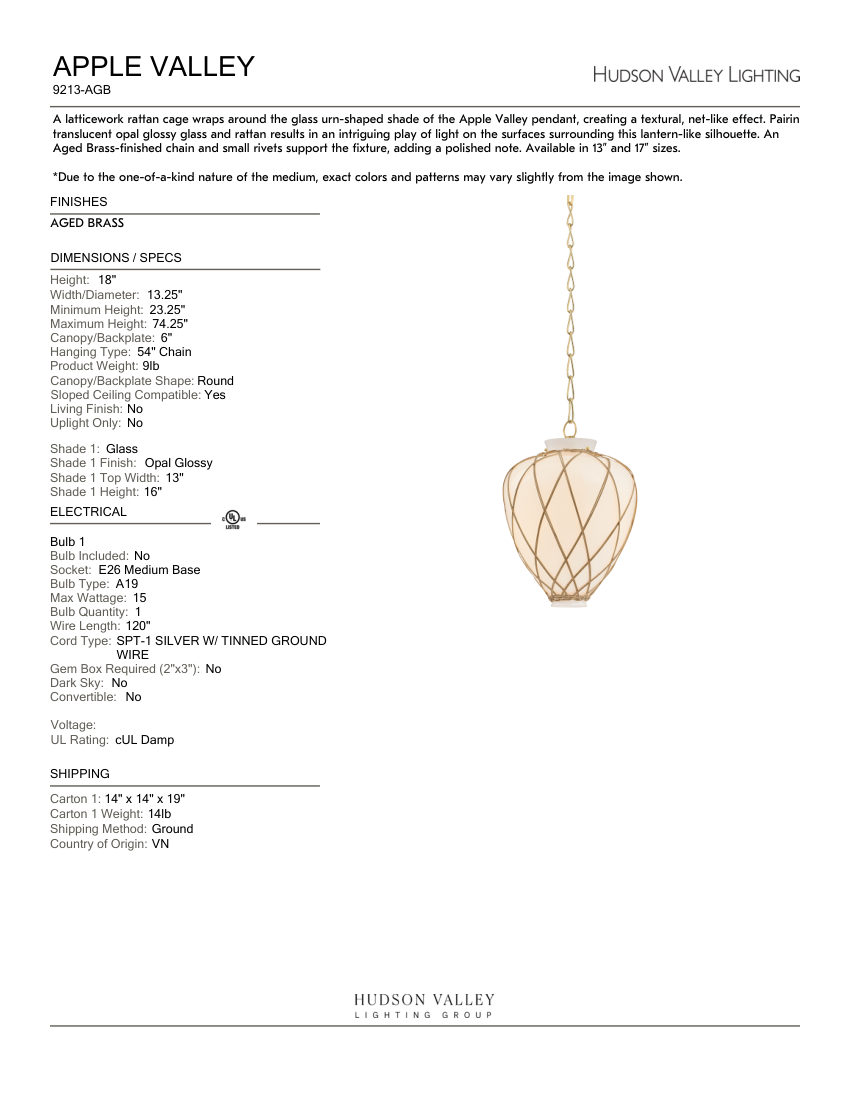 Hudson Valley Lighting 9213-AGB cut sheet — first page