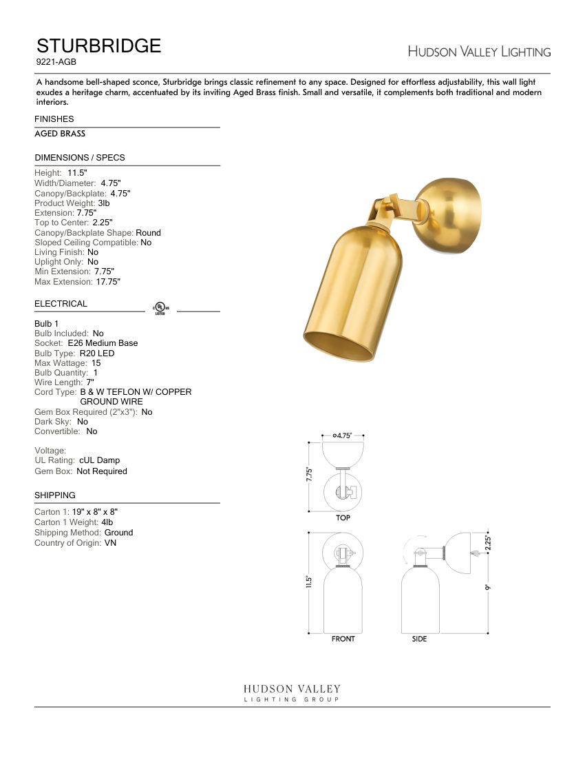 Hudson Valley Lighting 9221-AGB cut sheet — first page