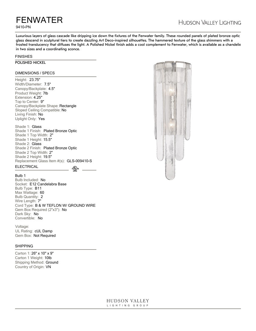 Hudson Valley Lighting 9410-PN cut sheet — first page