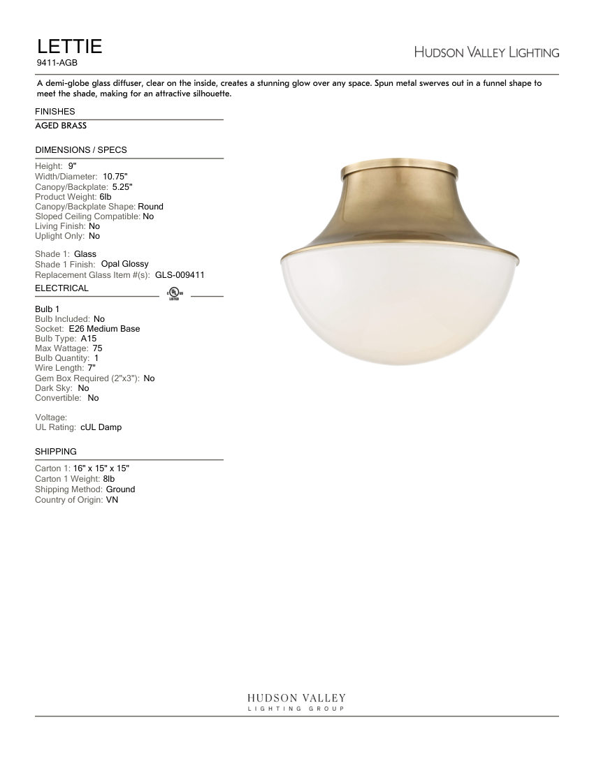 Hudson Valley Lighting 9411-AGB cut sheet — first page