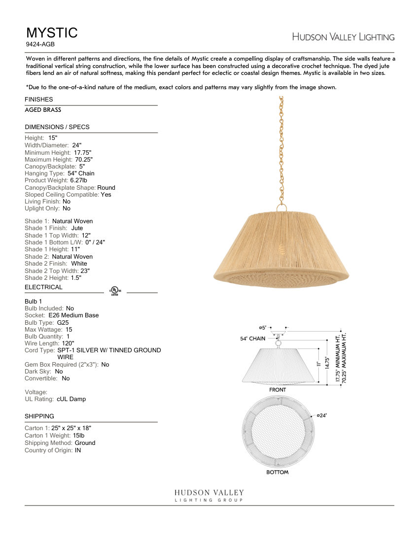 Hudson Valley Lighting 9424-AGB cut sheet — first page
