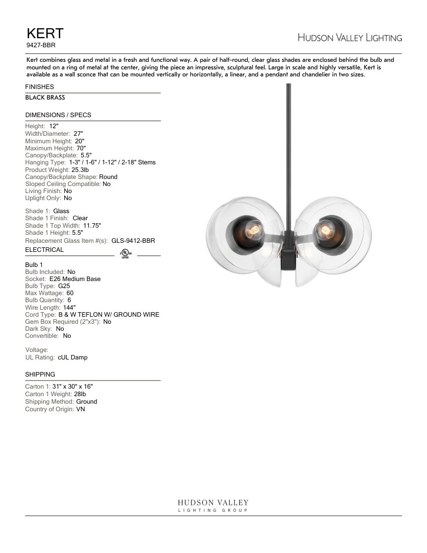 Hudson Valley Lighting 9427-BBR cut sheet — first page