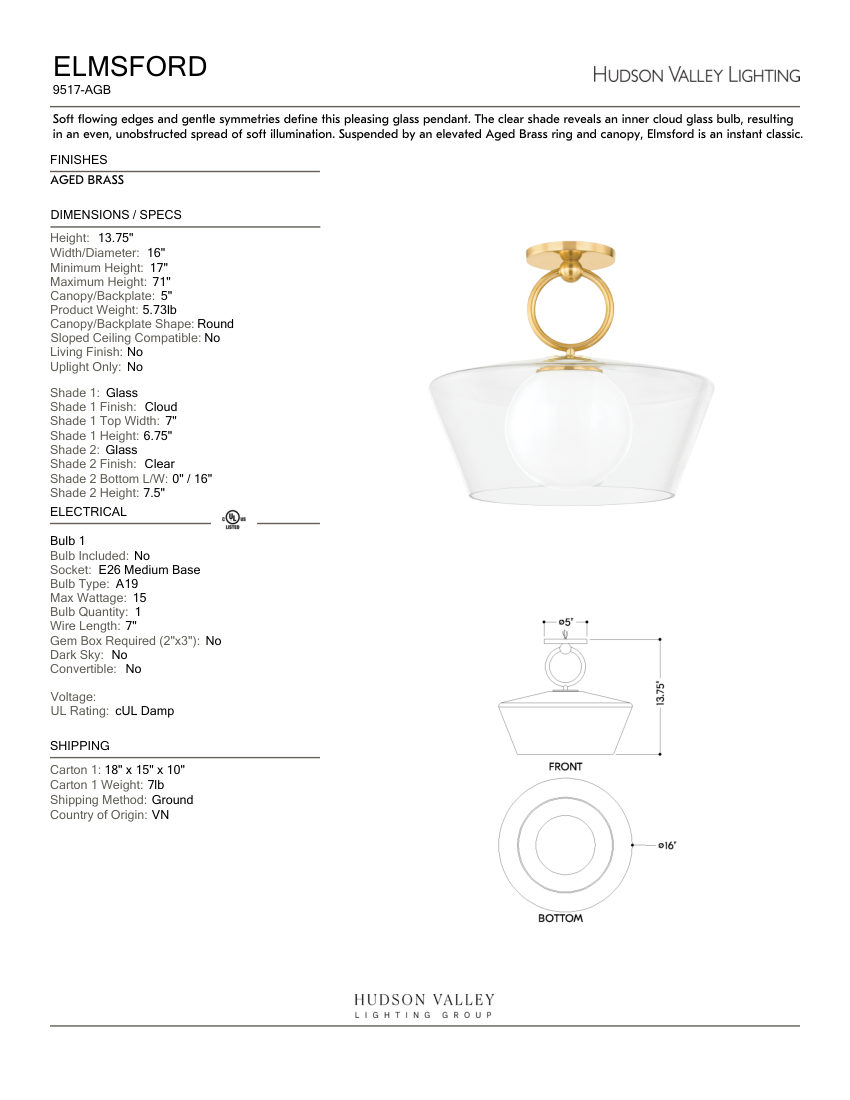 Hudson Valley Lighting 9517-AGB cut sheet — first page