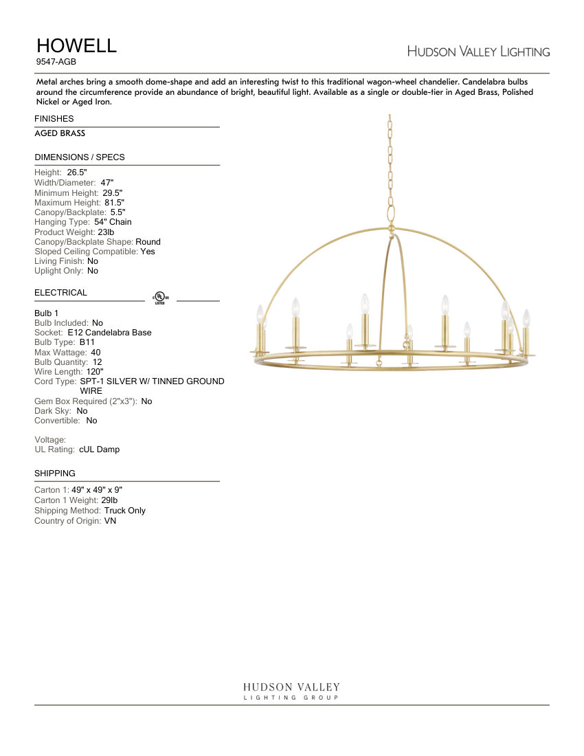 Hudson Valley Lighting 9547-AGB cut sheet — first page