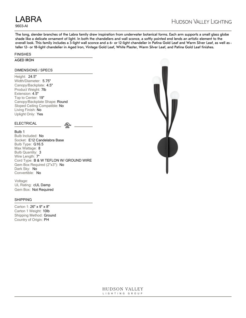 Hudson Valley Lighting 9603-AI cut sheet — first page