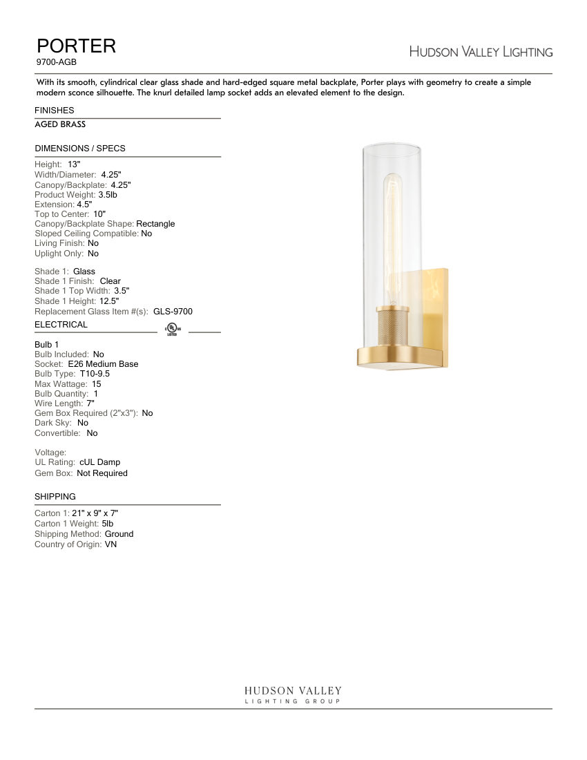 Hudson Valley Lighting 9700-AGB cut sheet — first page