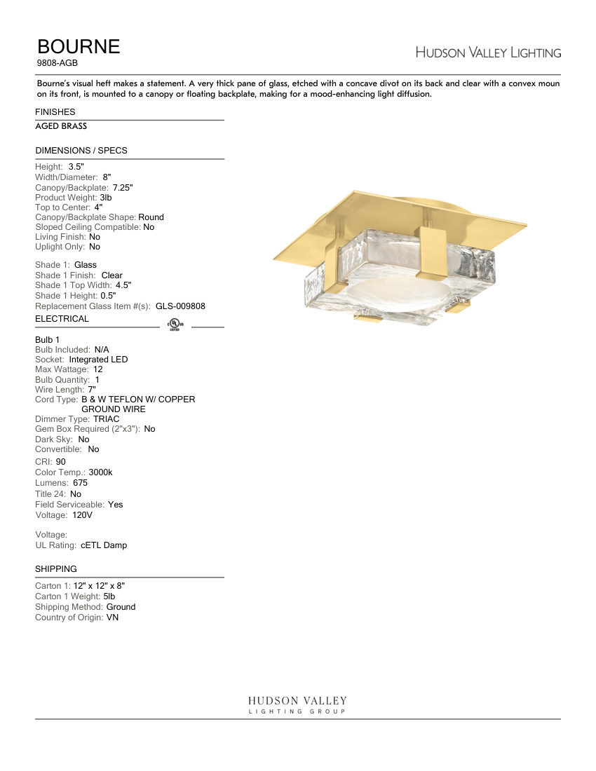 Hudson Valley Lighting 9808-AGB cut sheet — first page