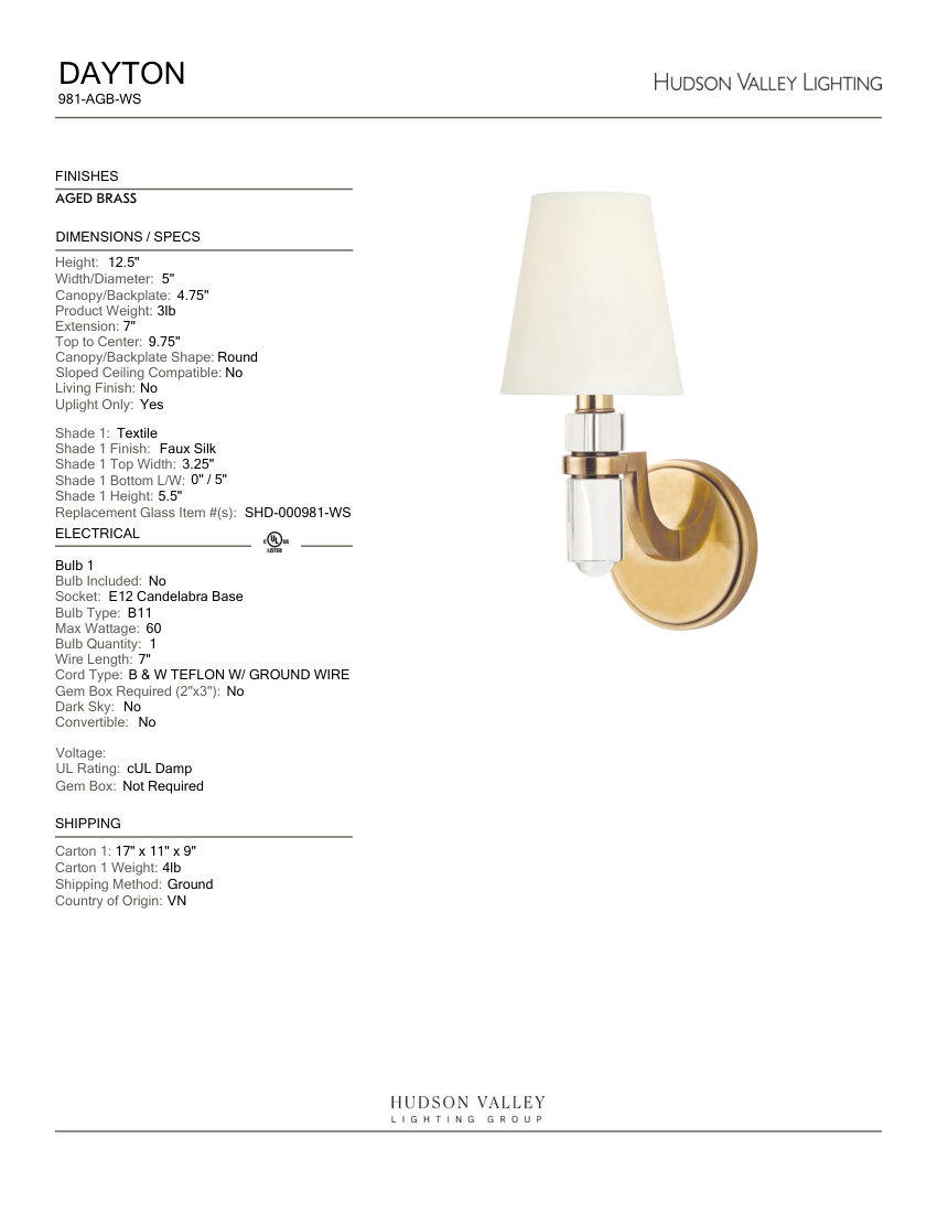 Hudson Valley Lighting 981-AGB-WS cut sheet — first page