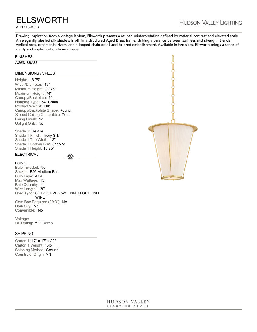 Hudson Valley Lighting AH1715-AGB cut sheet — first page