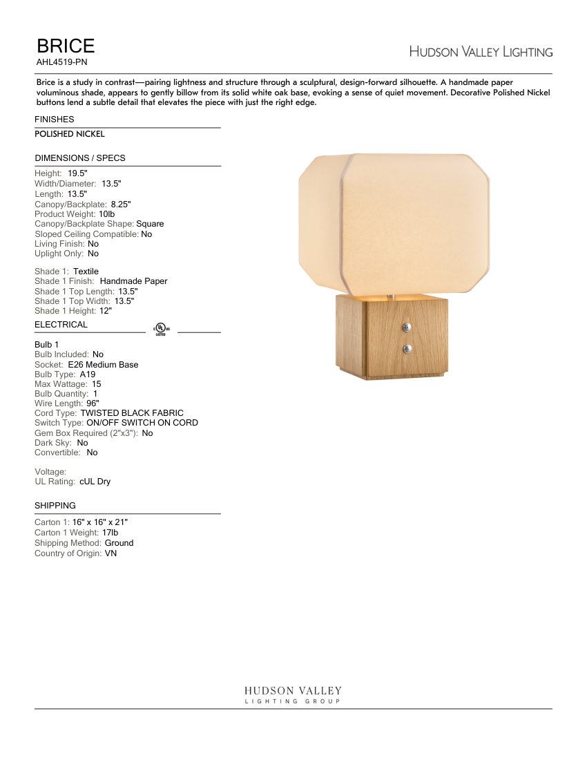 Hudson Valley Lighting AHL4519-PN cut sheet — first page