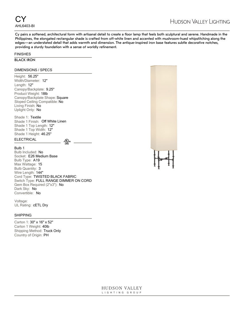 Hudson Valley Lighting AHL6403-BI cut sheet — first page
