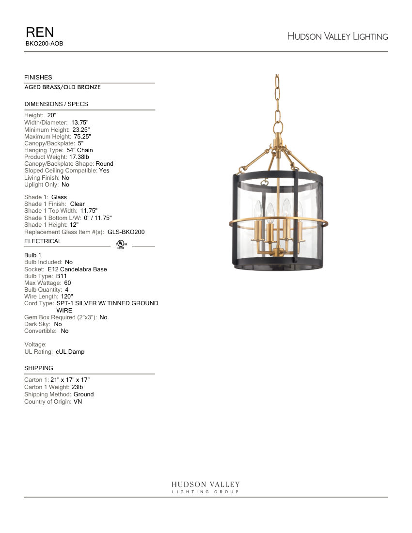 Hudson Valley Lighting BKO200-AOB cut sheet — first page