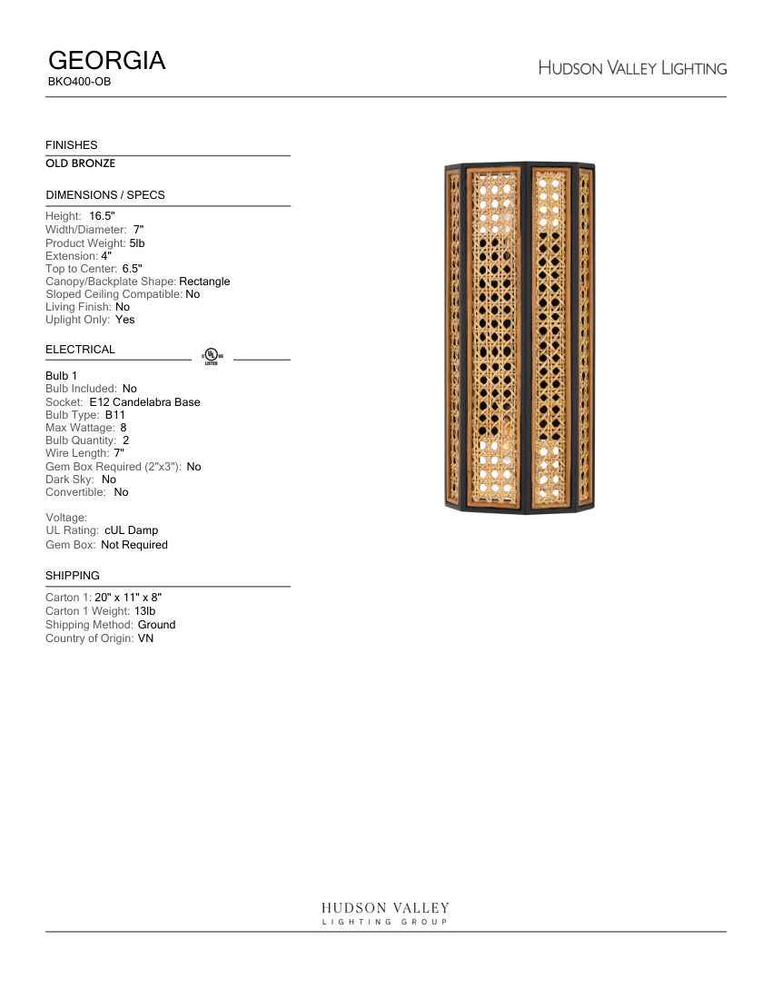 Hudson Valley Lighting BKO400-OB cut sheet — first page