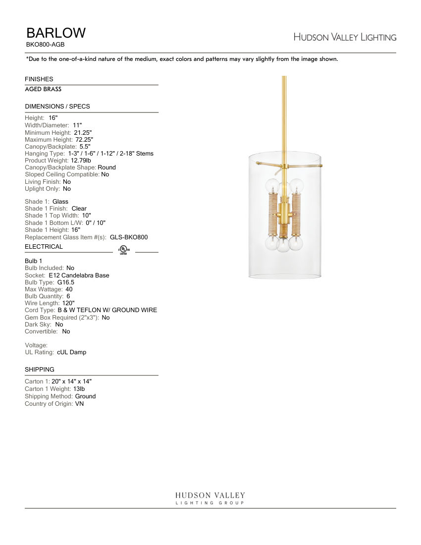 Hudson Valley Lighting BKO800-AGB cut sheet — first page