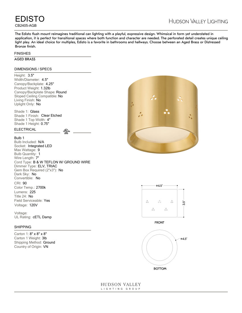 Hudson Valley Lighting CB2405-AGB cut sheet — first page