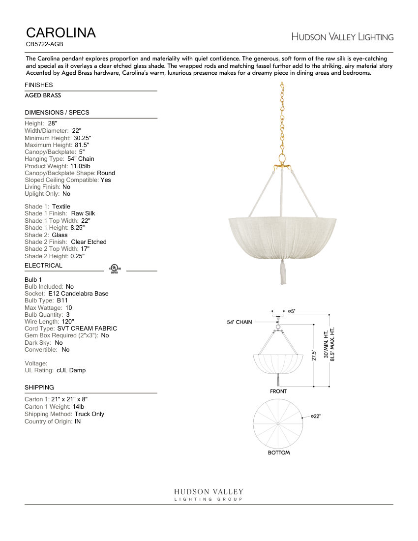 Hudson Valley Lighting CB5722-AGB cut sheet — first page
