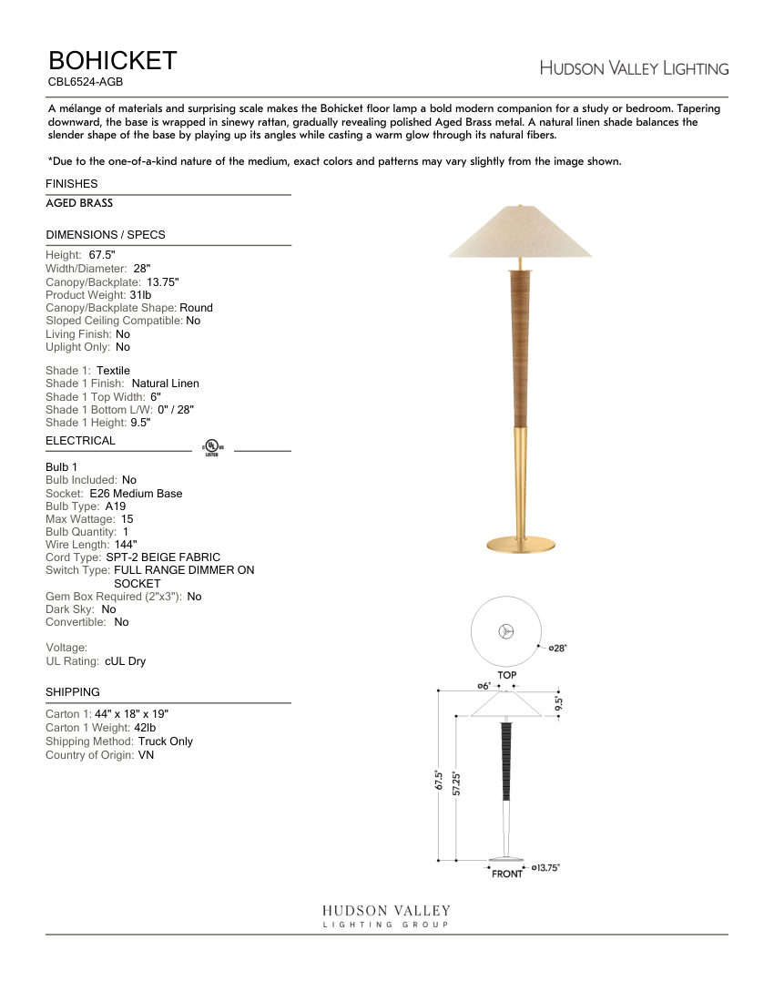 Hudson Valley Lighting CBL6524-AGB cut sheet — first page