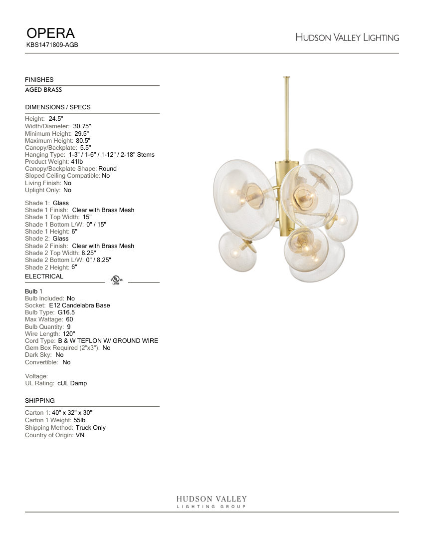 Hudson Valley Lighting KBS1471809-AGB cut sheet — first page