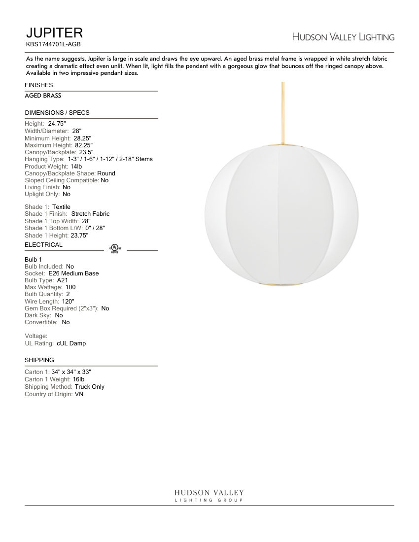 Hudson Valley Lighting KBS1744701L-AGB cut sheet — first page