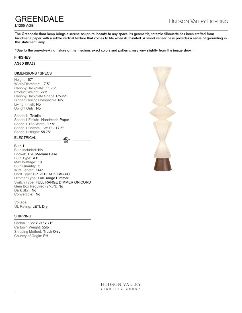Hudson Valley Lighting L1205-AGB cut sheet — first page