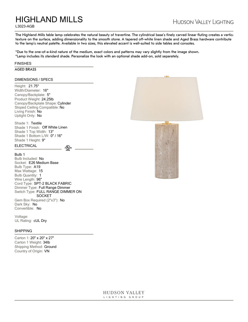 Hudson Valley Lighting L3023-AGB cut sheet — first page