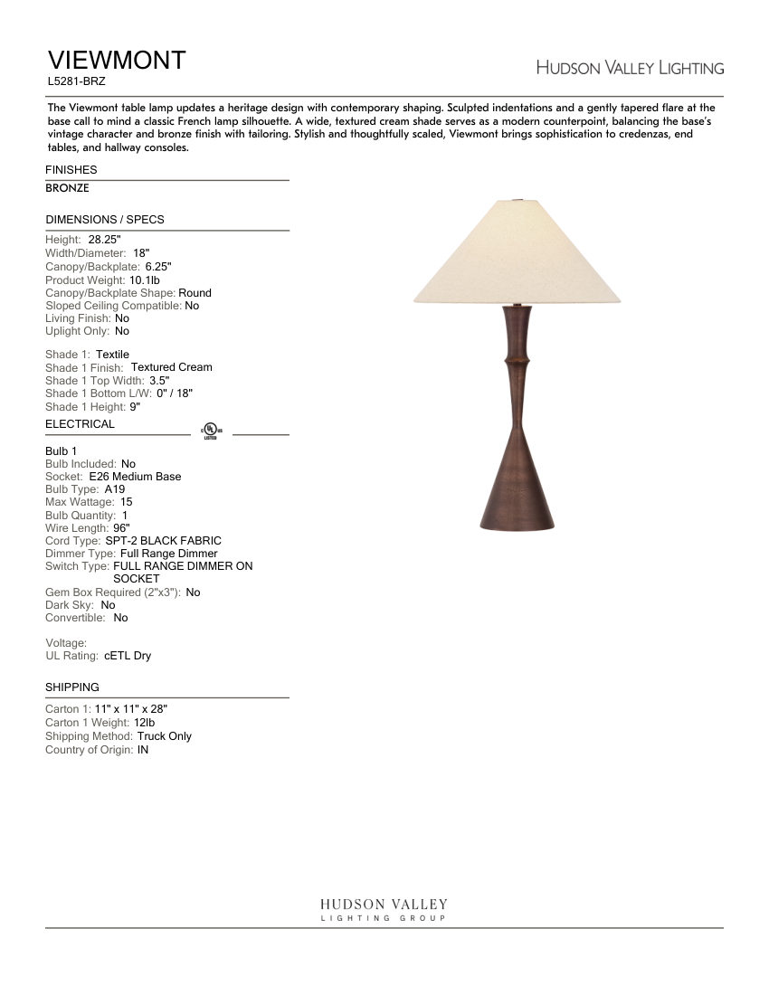 Hudson Valley Lighting L5281-BRZ cut sheet — first page