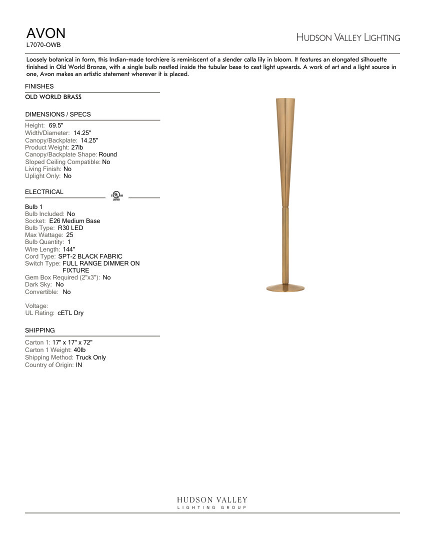 Hudson Valley Lighting L7070-OWB cut sheet — first page
